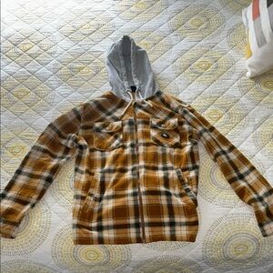 Quiksilver Brown and Gray Plaid Hoodie